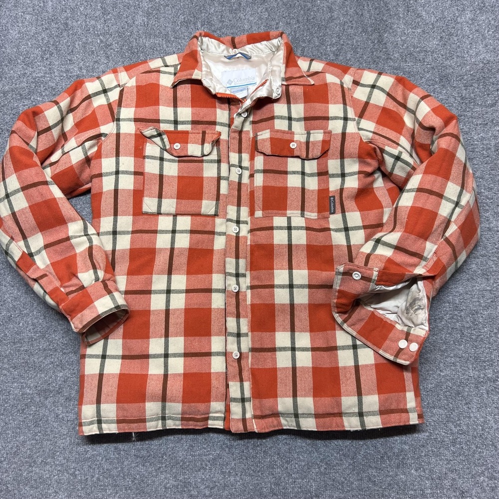 Columbia Jacket Mens Large Plaid Flannel Down Puffer Lined Button Outdoor